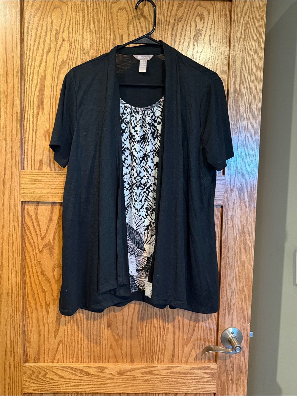 White Stag Black Open-Front Layered Short-Sleeve Tunic with Printed Panel XL EUC
